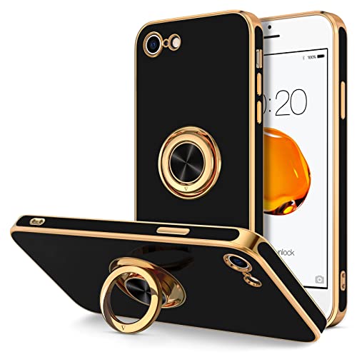 Hython Case for iPhone SE 2022, iPhone SE 2020, iPhone 7 Case, iPhone 8 Case with Ring Holder Stand Magnetic Kickstand, Plating Rose Gold Soft TPU Bumper Camera Protection Shockproof Phone Cases-Black