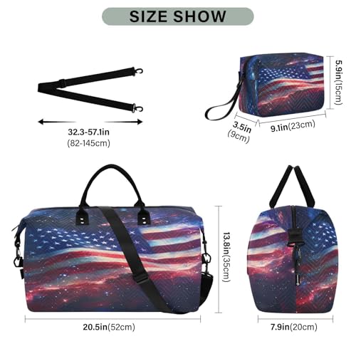 Flag Travel Gym Bag, American Flag Starry Sky Weekender Overnight Duffle for Women with Toiletry Bag Travel Swim3