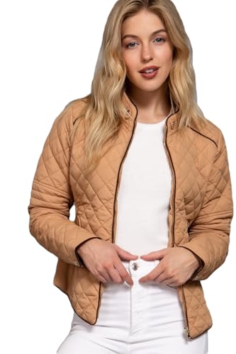 NE PEOPLE Womenâ€™s Quilted Jacket â€“ Lightweight Long Sleeve Full Zip Up Casual Stand Collar Coat Outerwear with Pockets NEWJ22 Caramel S