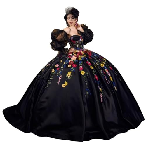 Mouccy Princess 3D Flower Quinceanera Dresses Ball Gown Satin Long Sleeve XV Dresses Beaded Puffy Sweet 16 Dress with Train