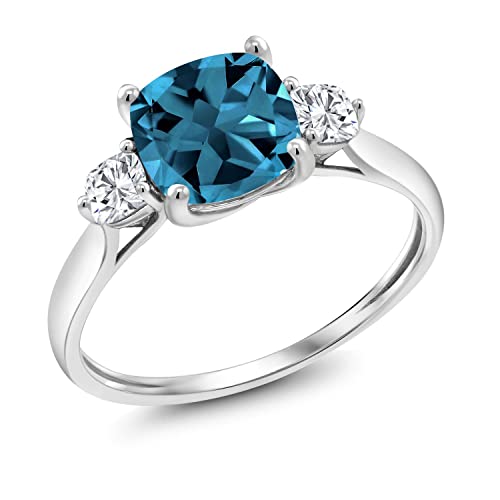 Gem Stone King 10K White Gold London Blue Topaz and White Moissanite 3-Stone Engagement Ring For Women | 2.11 Cttw | Cushion 7MM | 3 Stone Wedding Anniversary Promise Ring3