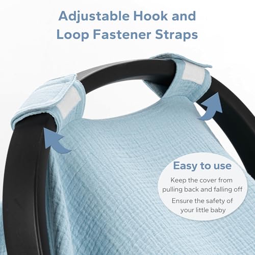 Image of SERAPHY 100% Muslin Cotton Car Seat Cover Baby, Universal Carseat Covers, Breathable Baby Car Seat Canopy for Boys Girls, Soft Infant Car Seat Cover for Summer -Blue