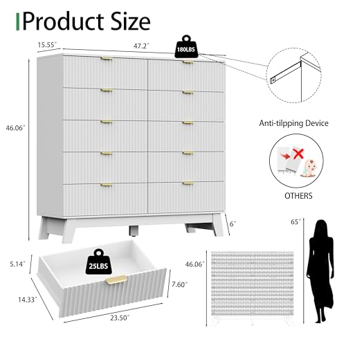 Image of Xixini Fluted Dresser for Bedroom with 10 Drawers, 48 inch Wide Modern Chest of Drawers with Metal Handle, Wooden Dresser TV Stand, Wood Closet Clothes Storage Organizer for Living Room, Hallway, White