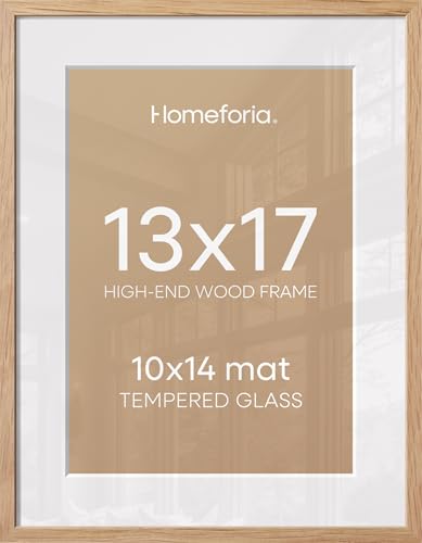 Image of Homeforia 13x17 Natural Oak Picture Frame, High-End Wood, 10x14 Mat, Glass | High End Solid Oak Wood, Tempered Glass, Acid-Free 10x14 Removable Mat, 13x17 Edge-to-Edge Display 17x13, Wall Kit, Set Of 1