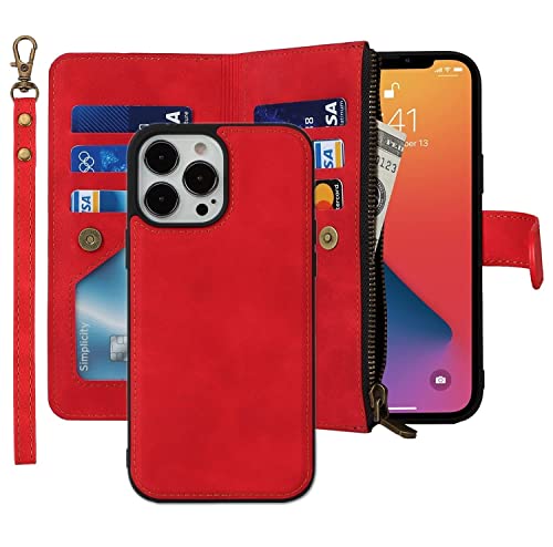 iCoverCase iPhone 13 Pro Wallet Case with Card Holder, 2 in 1 PU Leather Magnetic Clasp Zipper Pocket Shockproof Detachable Flip Wrist Strap, Red