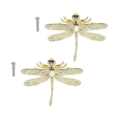 Surieen 2Pcs Brass Dragonfly Knobs Handles, Drawer Knobs Pull Handle, Furniture Hardware Accessories Knob, Original Dragonfly Shape Handles with Screws for Cabinet Wardrobe Drawer Dresser Cover