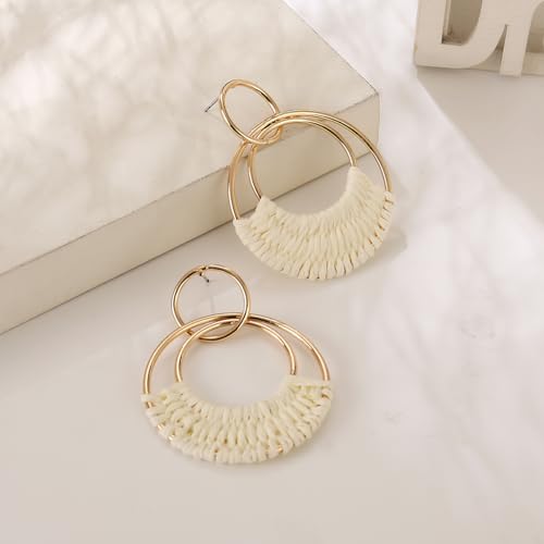 Image of Handmade Raffia Hoop Earrings Statement Tropical Bohemian Straw Dangle Earrings Natural Rattan Vacation Style Round Earrings for Women Summer Beach Party Essential Jewelry