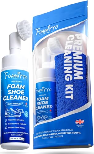 Foamitto® Shoe Cleaner Kit – 200ml Waterless Foam Trainer & Sneaker Cleaner with Built-In Brush & Microfiber Cloth | For Mesh, Leather, Canvas, Knit, Rubber, PU & EVA