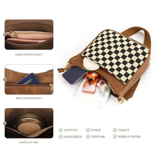 Women's Checkered Crossbody Bag – Quilted Seam Trendy Vegan Leather Shoulder Bag with Embroidered Strap2
