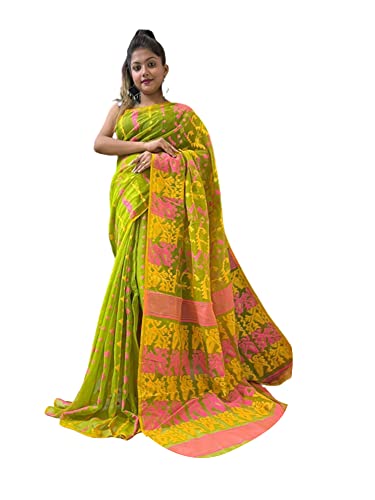Sari Jamdani de Bengala Occidental tela tradicional de la India color lima de 5.5 metros