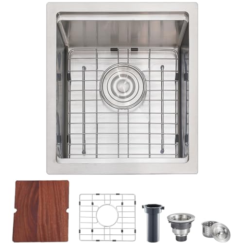 Image of 15x17 inch Undermount Bar Sink, 15 Inch Stainless Steel Single Bowl Small Kitchen Prep Wet RV Platio Sink Workstation 16 Gauge with Accessories