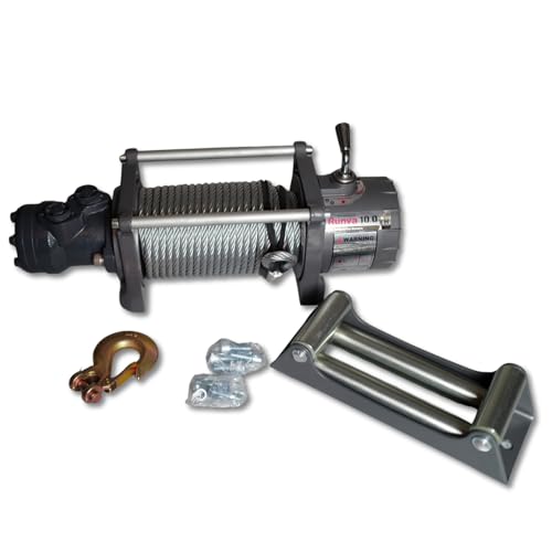 Runva Treuil moteur hydraulique 65cc, force de traction 4500kg câble en acier 9,2mmx26m, treuil pour votre dépanneuse, remorque