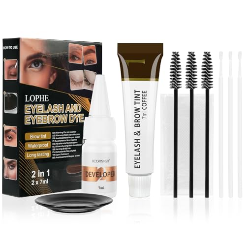 LOPHE Tinte de Cejas y Pestañas, 2 en 1 Kit de Máscara de Cejas de Larga Duración, Gel para Teñir Pestañas Profesional con Cepillo Cejas, Tinte Fijador de Pestañas Semipermanente (Café)