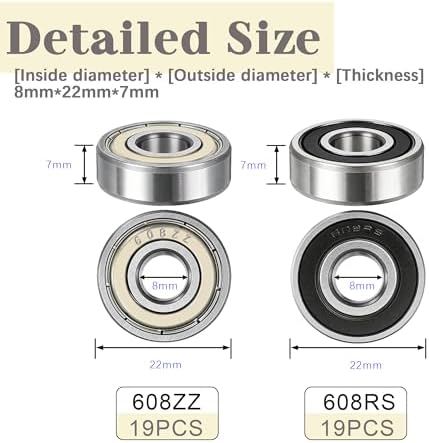 Dianrui 38 PCS 608RS & 608ZZ Ball Bearings Assortment Kit, Small Bearings Carbon Steel Deep Groove Bearing, for Furniture Wheel, Roller Skates, 3D Printing and ect (8mm x 22mm x 7mm) - 1