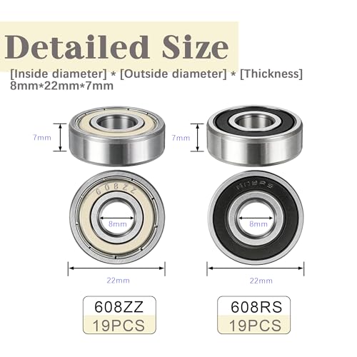 Dianrui 38 PCS 608RS & 608ZZ Ball Bearings Assortment Kit, Small Bearings Carbon Steel Deep Groove Bearing, for Furniture Wheel, Roller Skates, 3D Printing and ect (8mm x 22mm x 7mm)