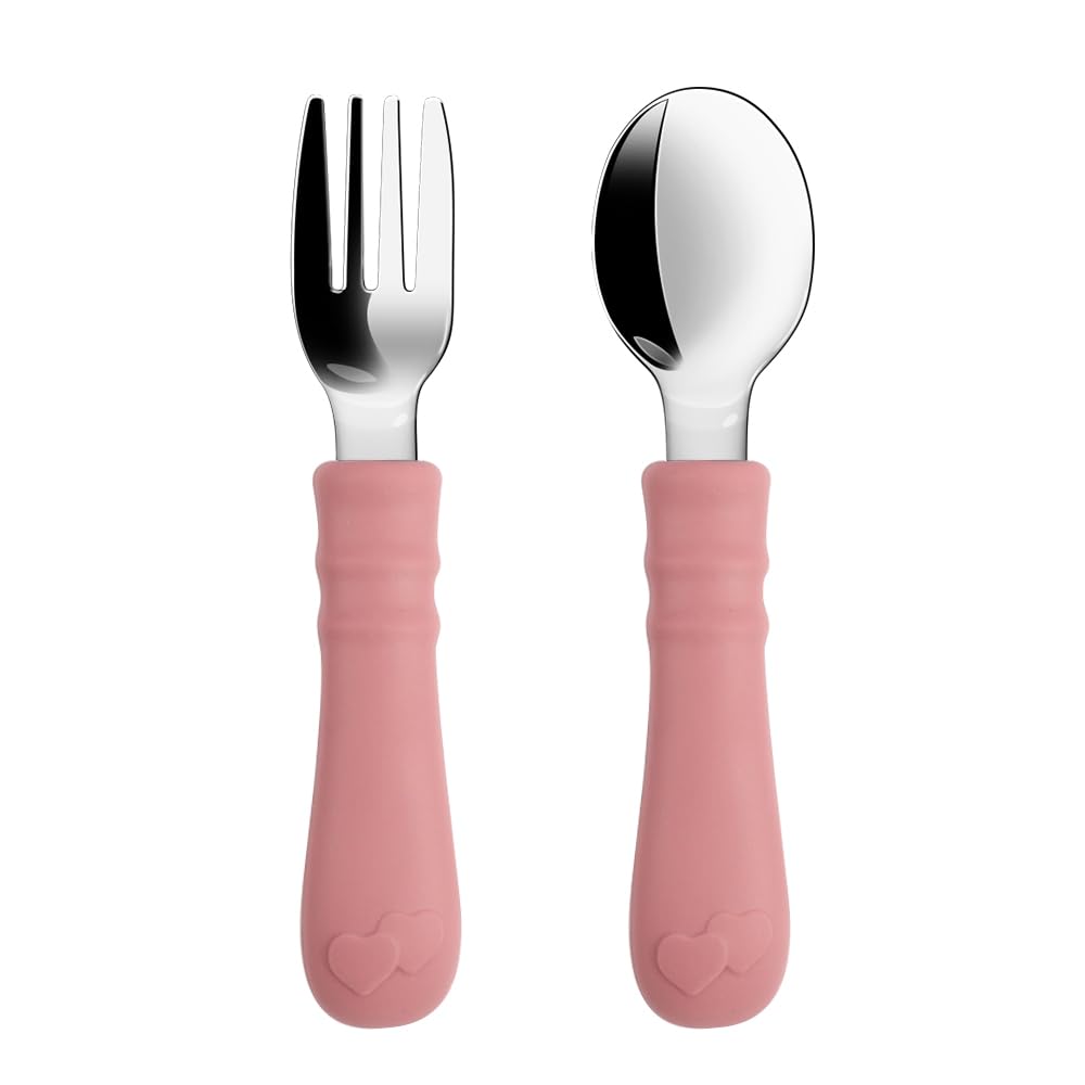 Silikon Saplı Paslanmaz Çelik Bebek Kaşık Çatal Seti (Pembe)