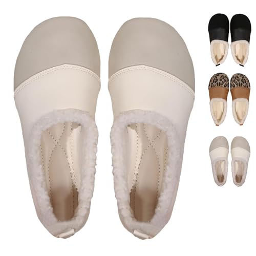 Rewjug 暖かくて豪華な女性用ウィンターレザーシューズ、女性用アンクルブーツ&ブーティカジュアルウォーキングシューズ整形外科アーチサポート, ベージュ, 5.5