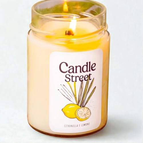 Candle Street Vela antimosquitos natural | Cera de soja perfumada | Aceites esenciales de citronela y limón | 275 gr - Larga duración 60 h | Vegana, artesanal, Made in Italy | Para interiores y