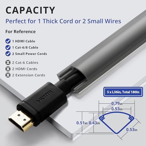 Image of ZhiYo 15ft Corner Cable Hider for 1 Cord, Hide Wires on Wall Corner, Grey | Self-Adhesive Cable Concealer, 5 Pack (3ft Each), Quarter Round Cable Management Raceway for Baseboards & Ceiling Corners