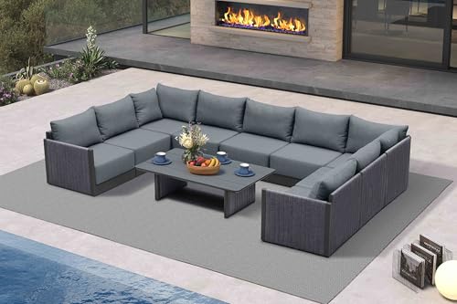 Image of PURPLE LEAF Outdoor Conversation Set 10 PCS w /Table PP Rope Sofa, Gray