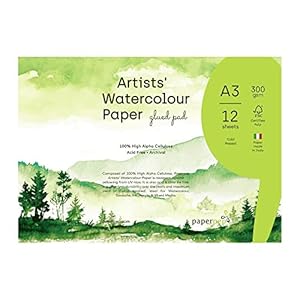Artists' Watercolour Glued Pads 300GSM Cold Pressed A3 12 Sheets for Watercolour, Gouache, Ink, Acrylic, Wet & Mixed Media, Art Painting, Drawing for Artists' & Amateurs