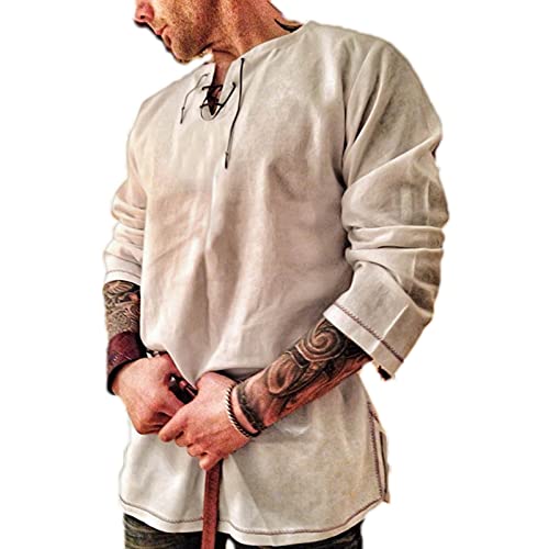 domorebest Chemise en Lin pour Homme - Manches Longues médiévales à col en V Laçage T-Shirts en Lin Chemise de Yoga Chemises de pêcheur Vintage Léger Confortable Respirant Cover