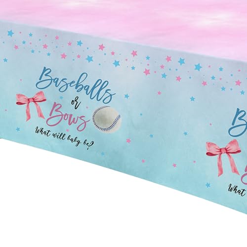 Image of Baseball or Bows Gender Reveal Decorations Tablecloth, Disposable Boy or Girl Theme Baseball Gender Reveal Party Supplies Tablecover, 3 Pack, 55in x 86in