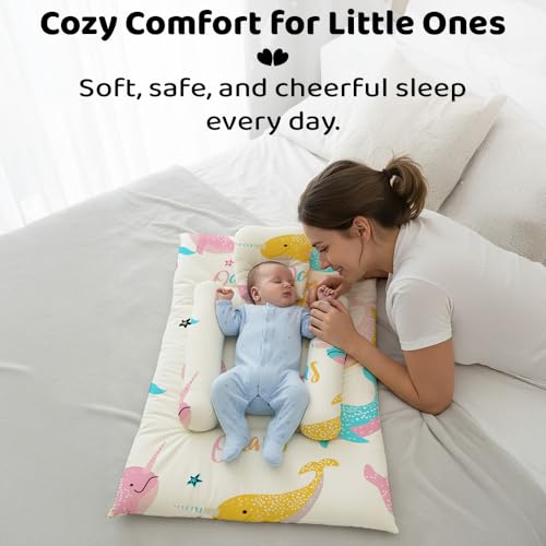 Image of StarAndDaisy Newborn Baby Bedding Nest 100% Cotton Cushioned Mattress Sheet with 2 Side Bolster Pillows & 1 Head Pillow Breathable & Soft for Boys & Girls Ocean Print