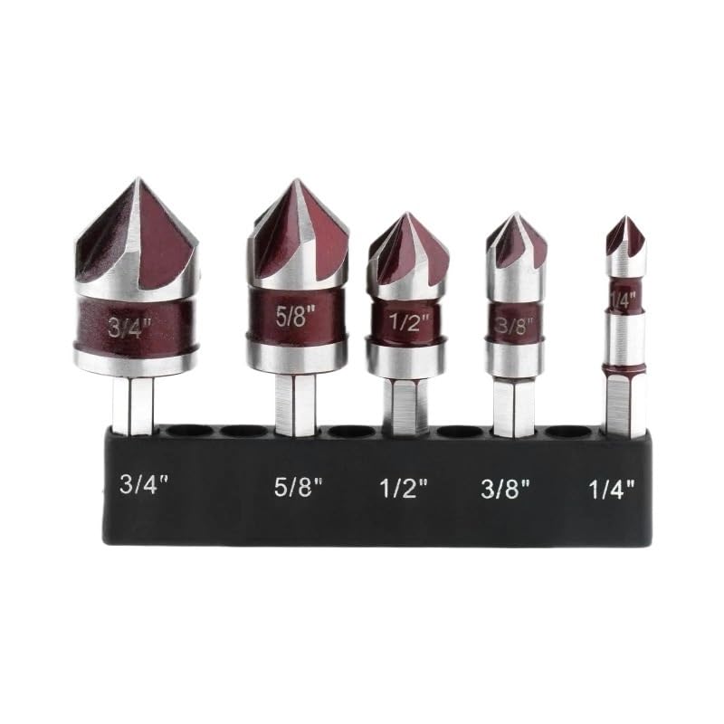 Juego de brocas avellanadoras 5 uds., 1/4 ", 3/8", 1/2, 5/8", 3/4, desbarbado avellanadas con vástago hexagonal for madera, Metal y plástico