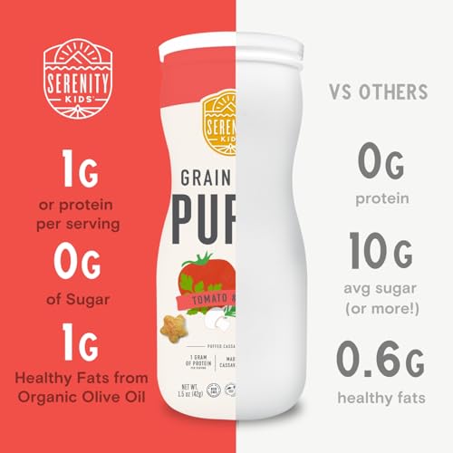 Image of Serenity Kids 6+ Months Grain Free Puffs Toddler & Baby Snack | No Added Sugar, Gluten & Rice Free, Allergen Free | Made with Organic Cassava, Veggies, and Herbs | Tomato & Mushroom | 1 Count