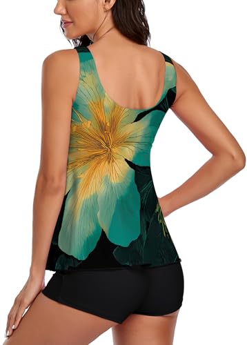 Image of Modest Tankini Swimsuits for Women Two Piece Bathing Suits Floral Print Tank Top with Boyshorts Tummy Control Swimming Suits