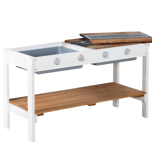 roba Extension Cuisine de Jeu – Cuisine extérieure Blanche-Brun avec BBQ & plaques de Cuisson – pour maisonnette dès 18 Mois – Bois – Résistant aux intempéries