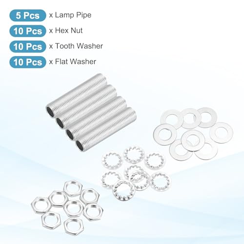 Image of MECCANIXITY 35Pcs 1.6 inch Lamp Pipe Nipples Kit with Hex Nuts Washers, M10 Fine Threaded Hollow Tube Repair Hardware Fasteners Assortment for Assembly Chandelier Ceiling Lamp DIY, Silver