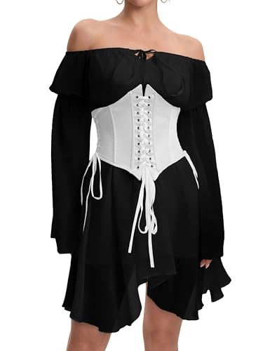 Image of Womens Corset Dress Off Shoulder Bell Sleeve Casual Party Pirate Fairy Dress Set