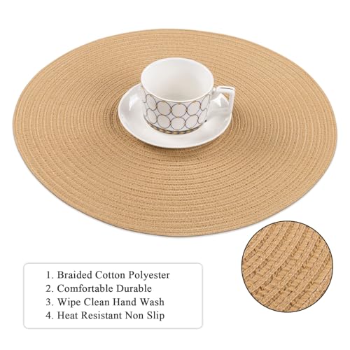 Image of SHACOS 15 inch Round Braided Placemats Set of 4 Cotton Polyester Place Mats Washable Kitchen Dining Table Mats for Dinner Party Table Decor (Camel, 4)