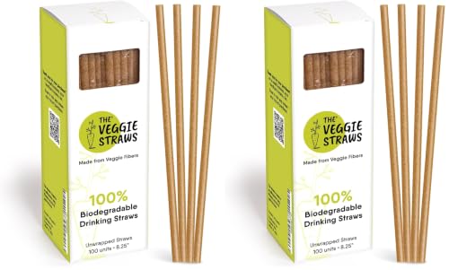 Image of The Veggie Straws - 100 PCS of 8.25 Inches Unwrapped Biodegradable Straws - Made of Vegetable Fibers, Best Environment Friendly Drinking Straws for Hot and Cold Beverages (Pack of 2)