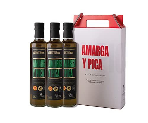Estuche Regalo Amarga y Pica Aceite de Oliva Virgen Extra 500ml - 3 Botellas - Origen Andaluz [Variedad Picual] [Cosecha Temprana] [Denominación de Origen Protegida]