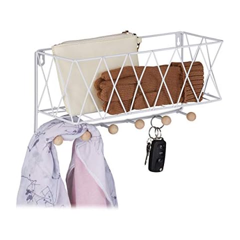 Relaxdays Estantería Pared con Perchero 6 Ganchos, Balda Flotante Diseño Rejilla, Metal y Madera, Blanco, Hierro thumbnail