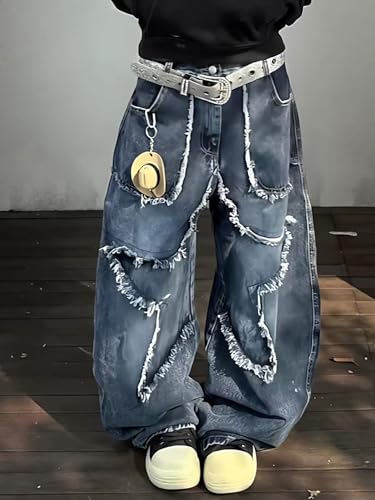 Unisex Y2K Jeans Distressed Denim Pants with Star Thigh Embroidery & Fringe Detail Wide Leg Fit Retro 90s Streetwear2