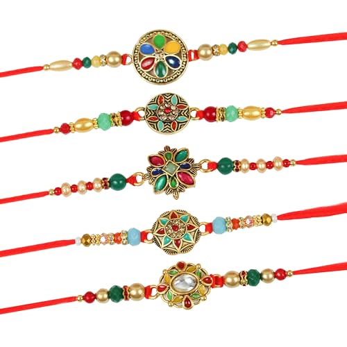 Image of TIED RIBBONS Rakhi for Brother Combo - Set of 5 Kundan Floral Rakhi for Brother Bhaiya Kids Boys Men Bhai with Tikka - Rakhi's for Rakshabandhan