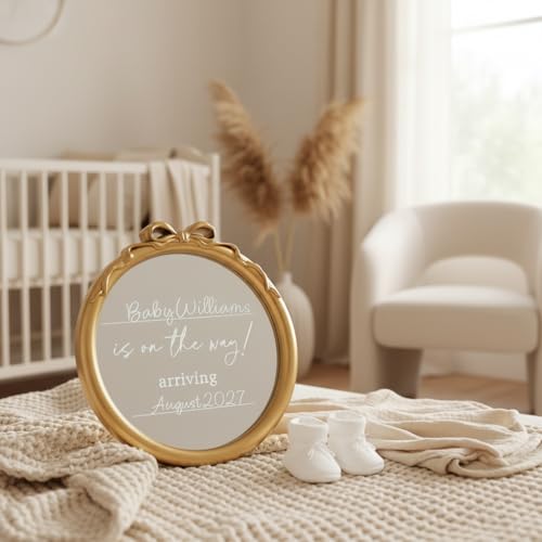 Image of Kate & Milo Gold Bow Baby Announcement Mirror Sign, inchBaby Is On The Way inch Pregnancy Reveal Plaque, Personalized Baby Name & Due Date Nursery Decor