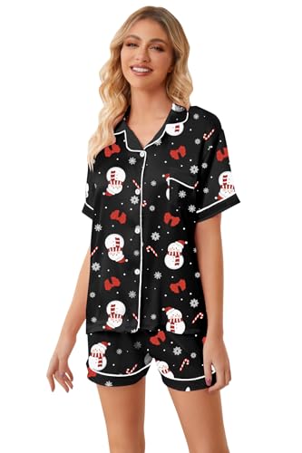 Image of Schbbbta Pajamas for Women, Satin Silk PJS Set 2 Piece Button Down Short Sleeves Sleepwear Soft Comfy Sexy Homewear Outfit, R Christmas Snowman Black, Medium
