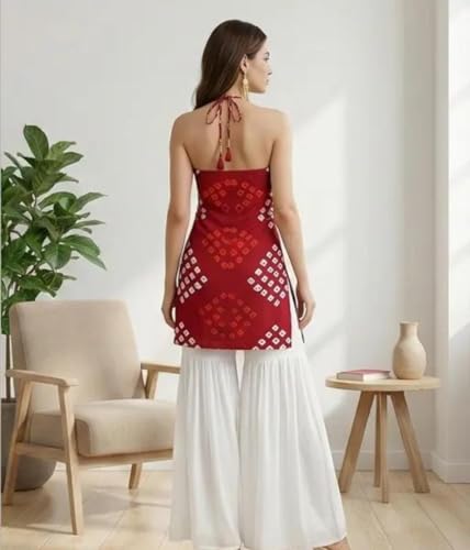 Image of Women's Rayon Bandhani Print Halter Neck Kurti, Red, Embellished Neckline, Ethnic