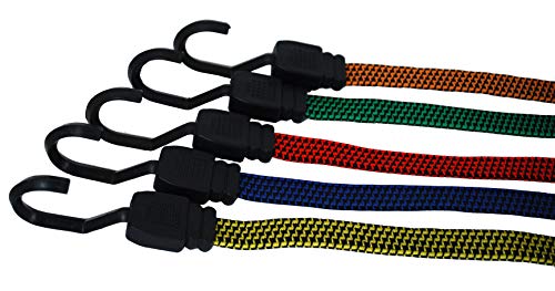 Attwood 11753-7 Bungee Cables for Boating - Multi-Color Flat Bungee Cords with End Hooks Assorted Lengths 5-Piece Set