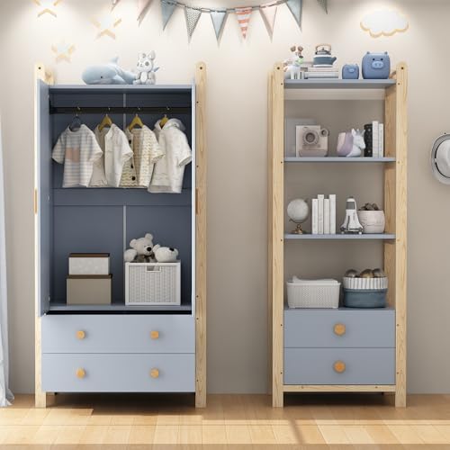 Moimhear Armadietto a doppio lembo con mensola, set per cameretta dei bambini, con asta appendiabiti e cassetti, struttura in abete rosso, blu+legno naturale (set 1)