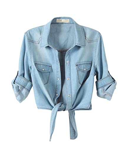 Raboolion Women's denim Crop Jeans Top Roll Up Half Sleeve Shirt Tie Knot Lapel Button Down Jacket Cardigan
