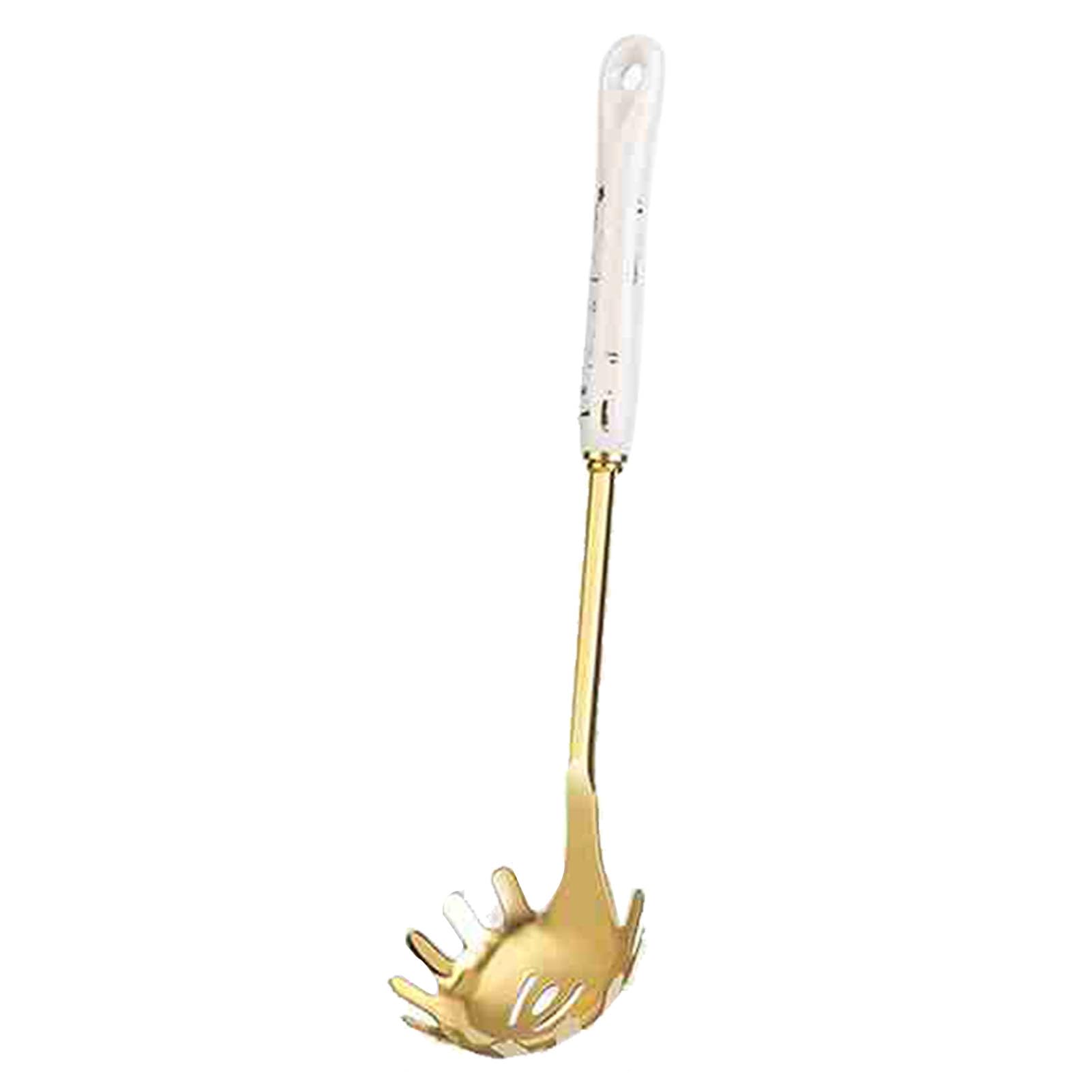 Hapvida Juego de utensilios de cocina, utensilios de acero inoxidable con mangos de cerámica, incluye espátula, cuchara, cucharón, triturador, espumadera, prensa de ajo, estante