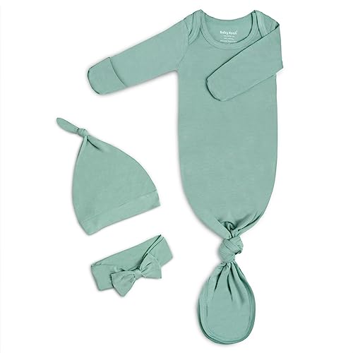 Image of Newborn Baby Knotted Gown 0-3 Months, Baby Girl Boy Coming Home Outfit with Hat & Headband