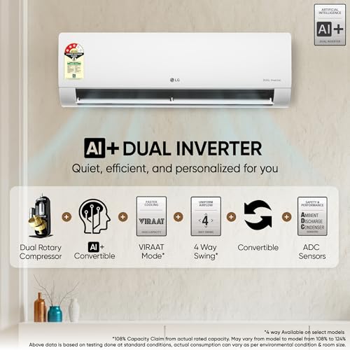 Image of LG 2 Ton 3 Star,New star rated,Wi-Fi Enabled, Energy Manager+, DUAL Inverter Split AC (Copper, AI+ Convertible 6-in-1, Diet Mode+, 4 Way Swing, HD Filter with Anti-Virus Protection, AS-Q24EWXE, White)