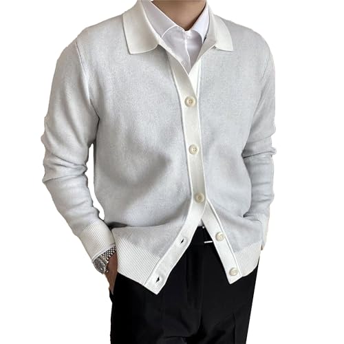 Cable Knitted Cardigan Sweater for Men Lightweight Open Front V Neck Sweaters Button Long Sleeve Solid Knitwear (Medium,White)